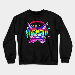 Happy Cat With Headphones Crewneck Sweatshirt